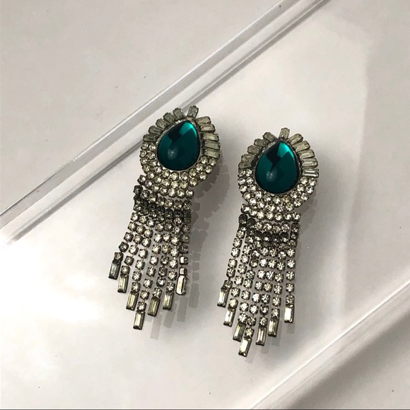 VTG GREEN CABOCHON RHINESTONE DROP EARRINGS - Picture 7 of 12